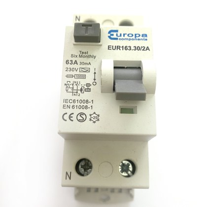 Europa Components EUR163.30/2A 63A 63 Amp 30mA RCD 2 Double Pole Circuit Breaker